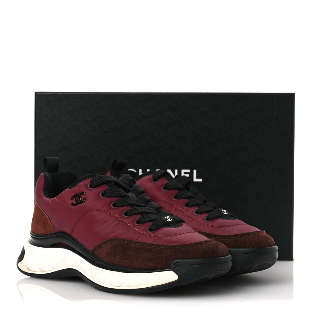 Chanel Nylon Suede Calfskin Women's CC Sneakers 38 Burgundy Brown