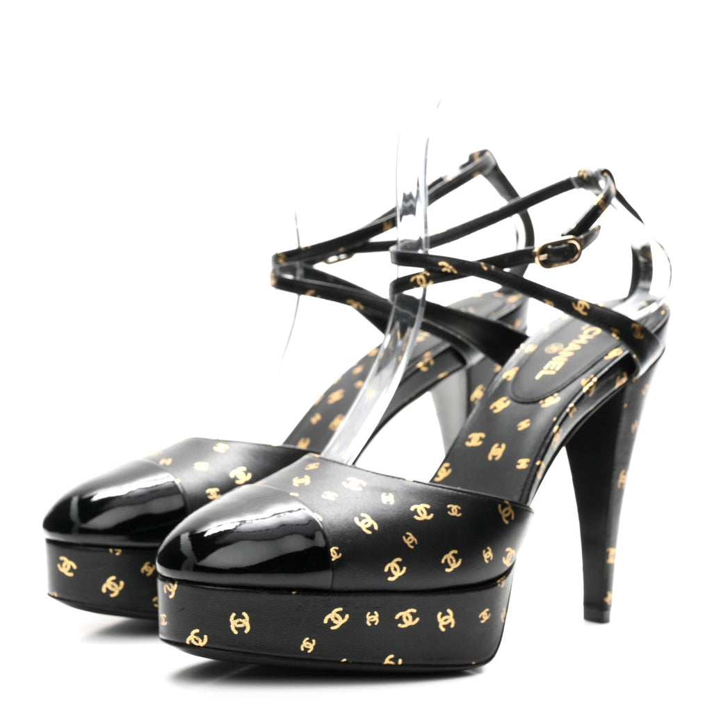 Chanel Printed Lambskin Patent Calfskin Women's CC Platform Pumps 39.5 Black Gold