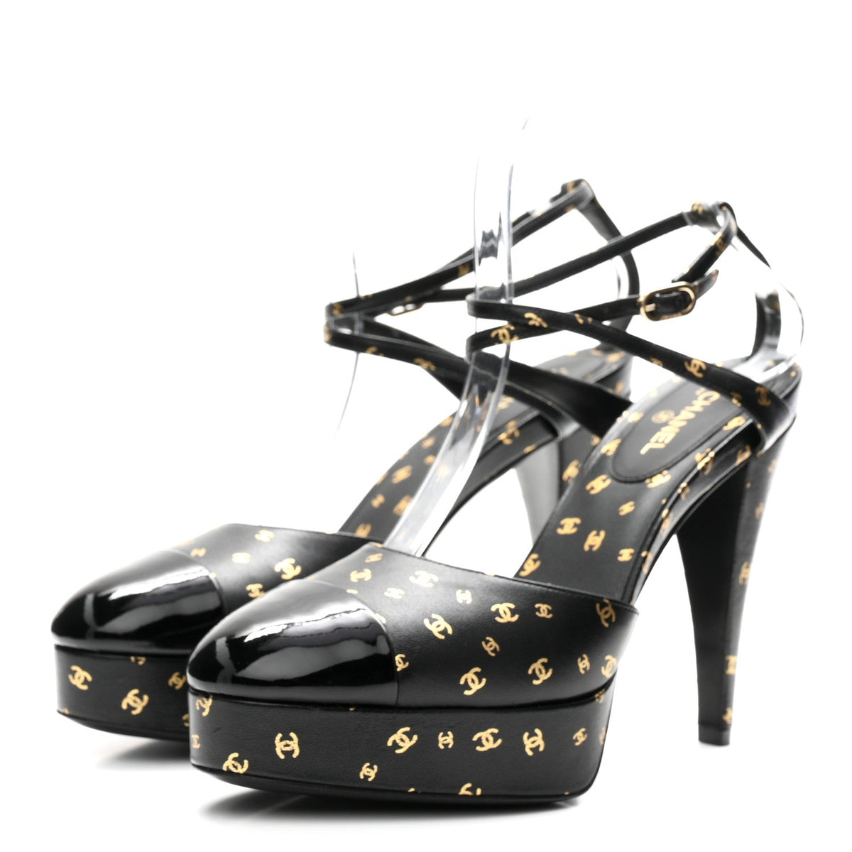 Chanel Printed Lambskin Patent Calfskin Women's CC Platform Pumps 39.5 Black Gold