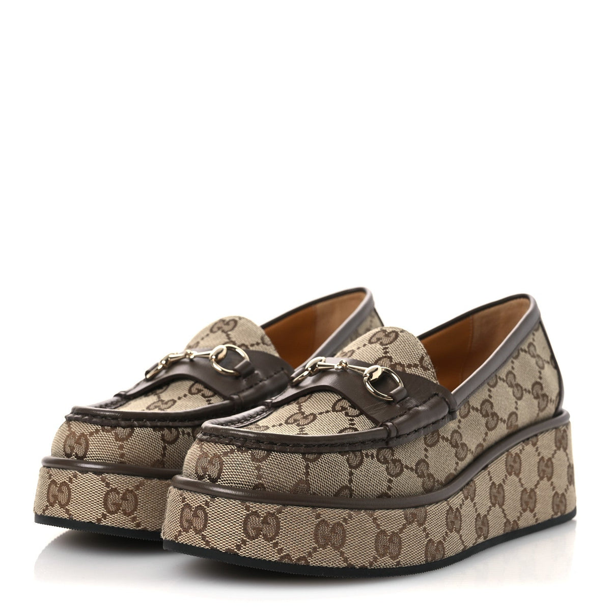 Gucci Monogram Canvas Women's Horsebit Wedge Platform Loafers 37 Beige Ebony