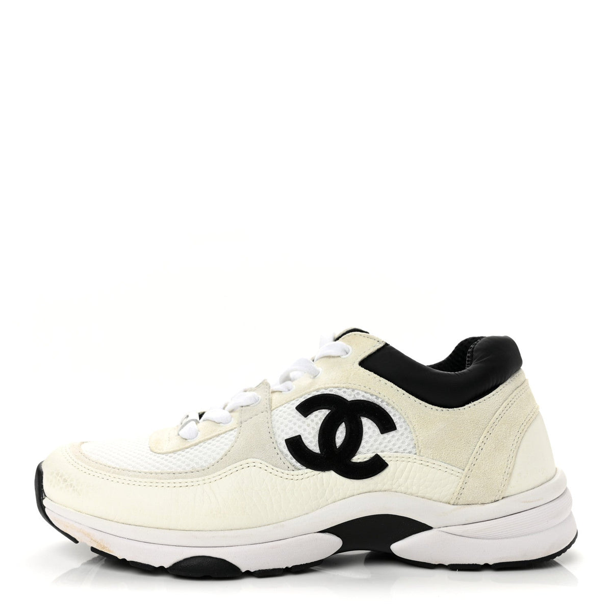 Chanel Mesh Suede Grained Calfskin Women's CC Sneakers White Black