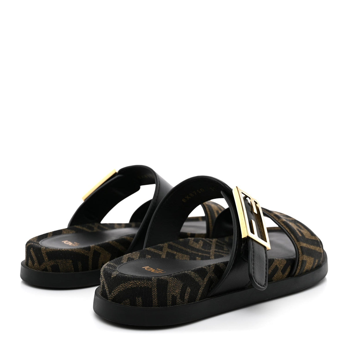 Fendi Fabric Jacquard Nappa FF Women's Feel Buckled Slide Sandals 37 Tobacco Black