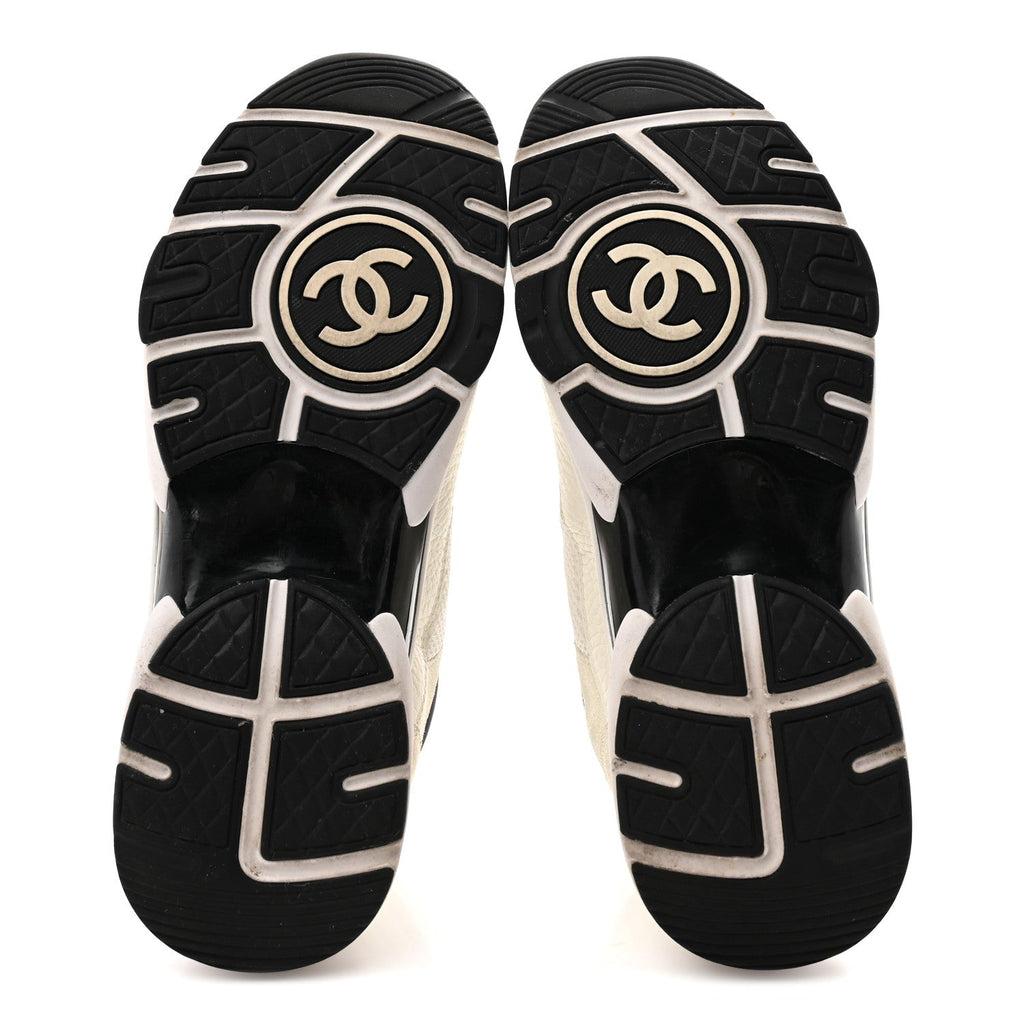 Chanel Mesh Suede Calfskin Womens CC Sneakers 39.5 White Black