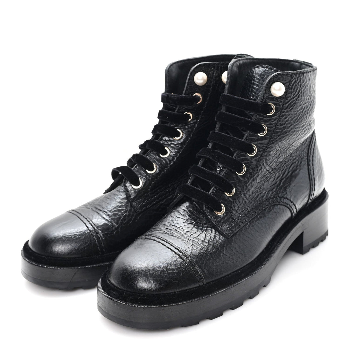 Chanel Shiny Calfskin Velvet Women's Pearl Combat Short Boots 37.5 Black