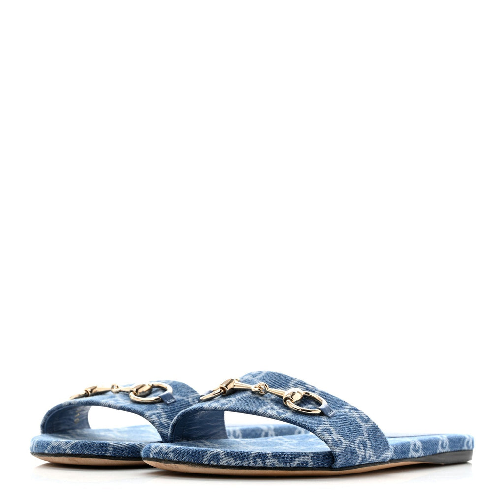 Gucci Denim Women's GG Monogram Horsebit Flat Slide Sandals 36 Blue