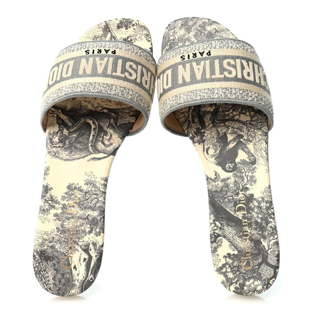 Christian Dior Canvas Women's Toile De Jouy Dway Flat Slide Sandals 37.5 Light Grey