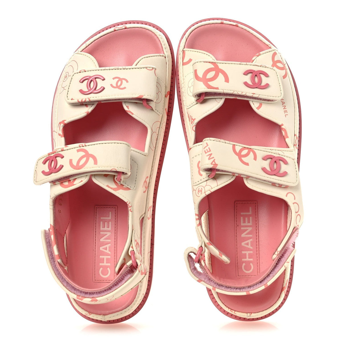 Chanel Lambskin Women's Printed CC Velcro Dad Sandals 37 White Pink