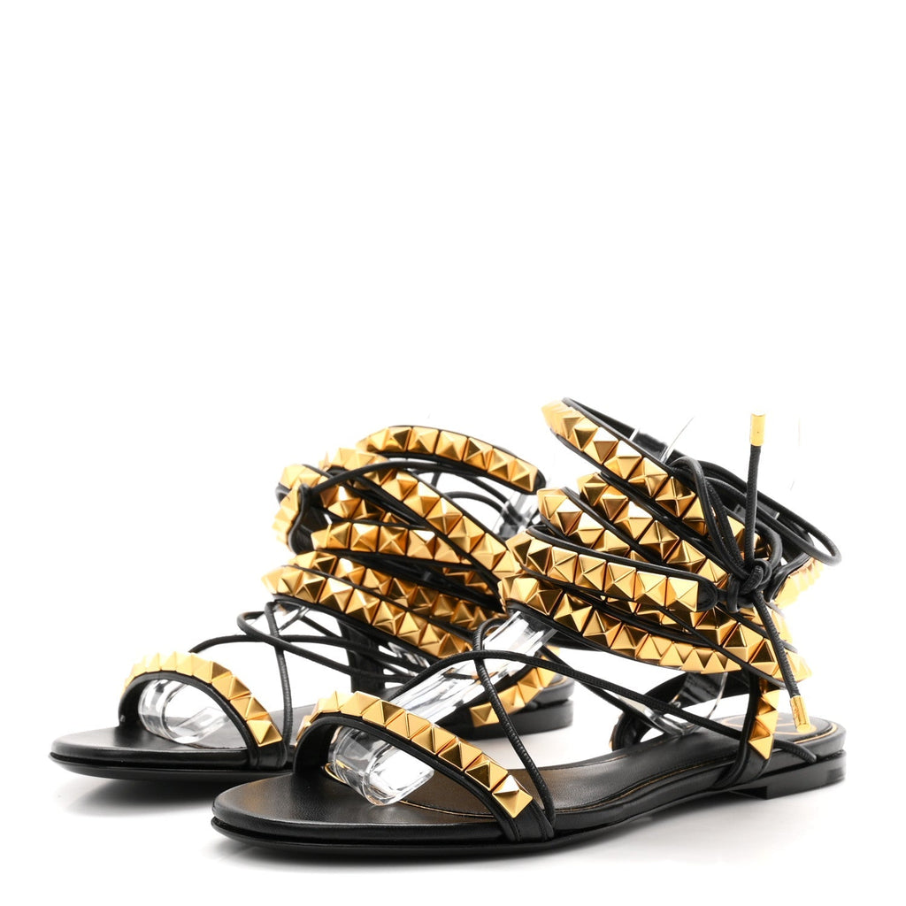 Valentino Garavani Calfskin Women's Rockstud No Limit Gladiator Flat Sandals 37 Black