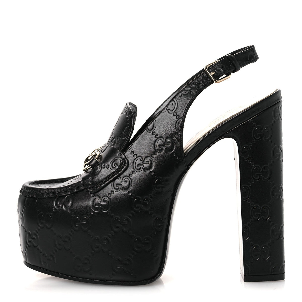 Gucci Leather Horsebit Women's Platform Slingback Mules 38.5 Black
