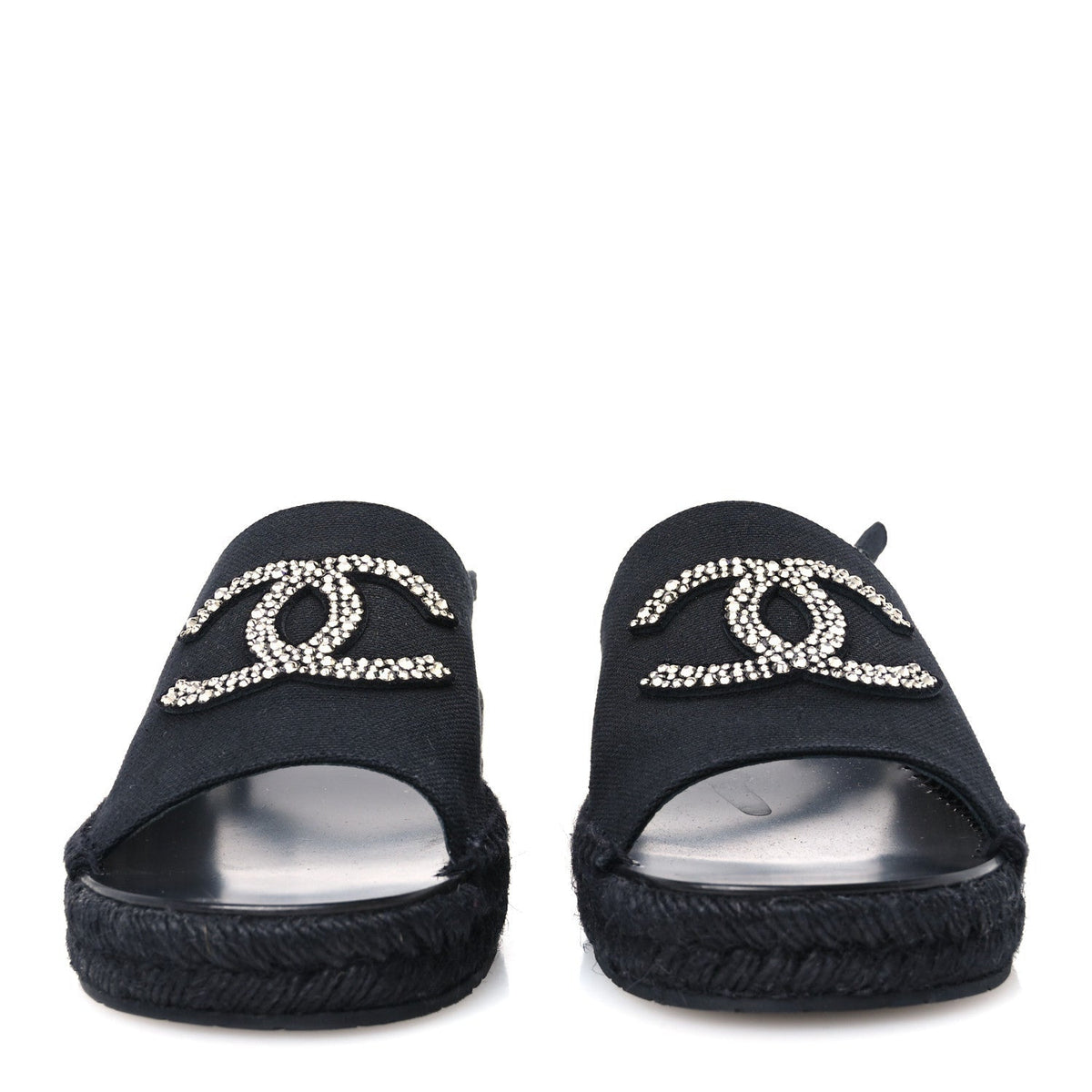 Chanel Canvas Strass CC Women's Espadrille Slingback Sandals 38 Black