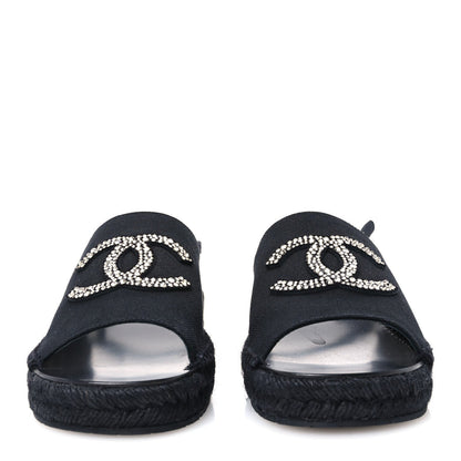 Chanel Canvas Strass CC Women's Espadrille Slingback Sandals 38 Black