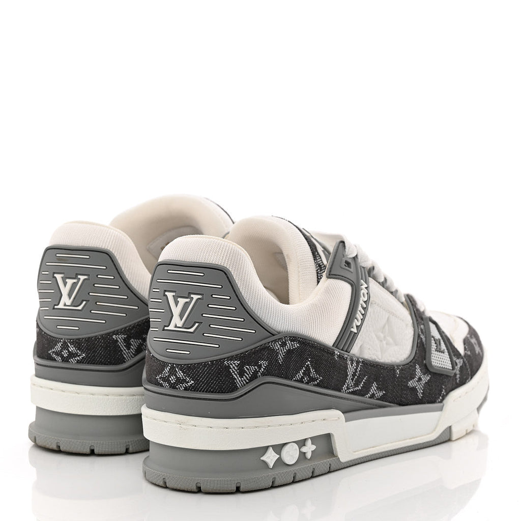 Louis Vuitton Calfskin Embossed Monogram Denim Men's LV Trainer Sneakers 5.5 Grey