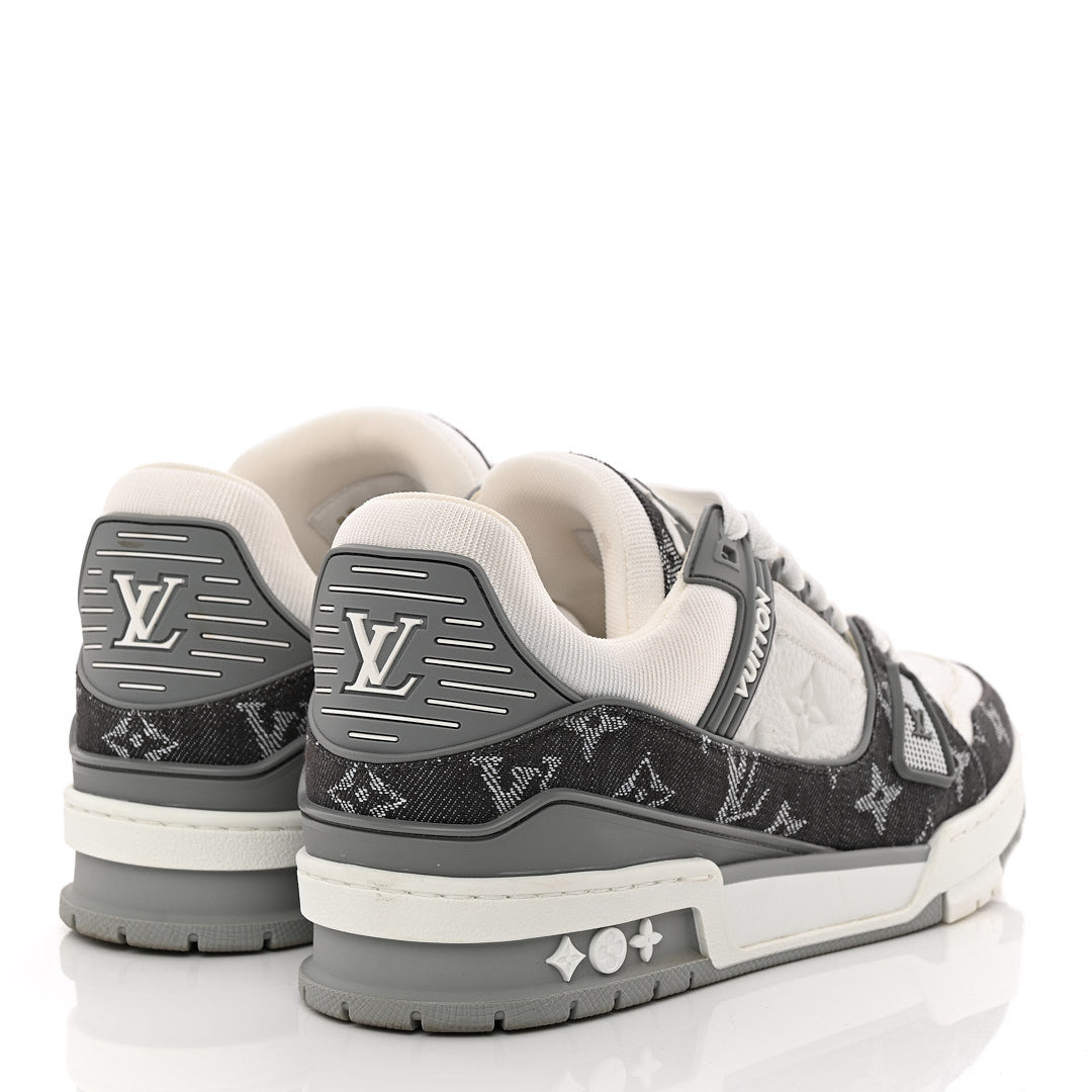 Louis Vuitton Calfskin Embossed Monogram Denim Men's LV Trainer Sneakers 5.5 Grey