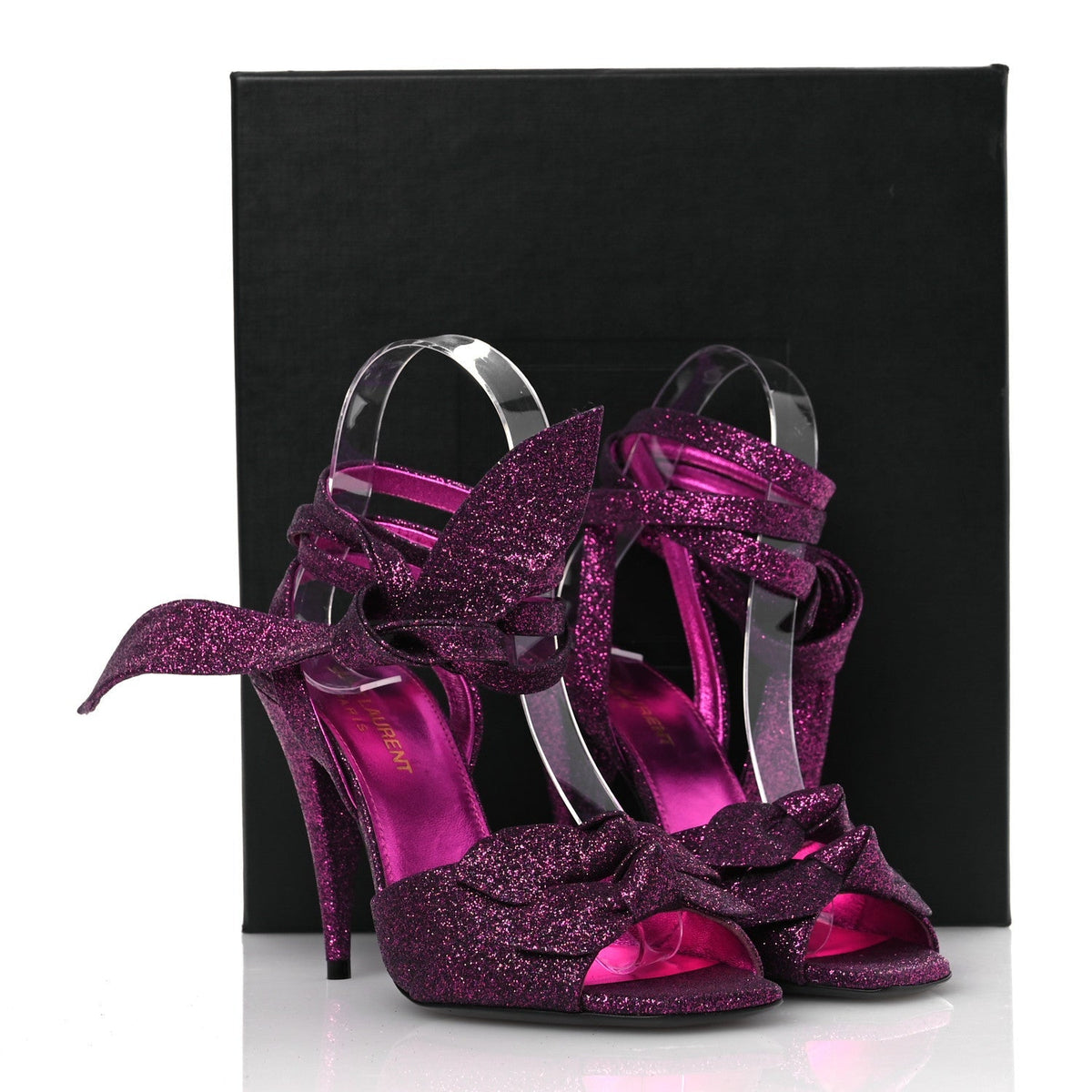 Saint Laurent Glitter Metallic Women's Kiki 100 Ankle Strap Sandals 36.5 Fucxia