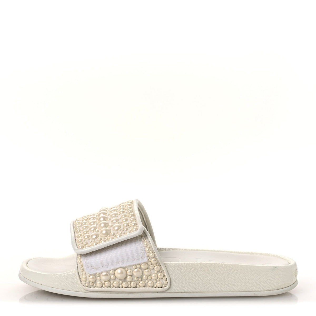 Jimmy Choo Canvas Rubber Women's Pearl Embellished Fitz Slide Sandals 37 White
