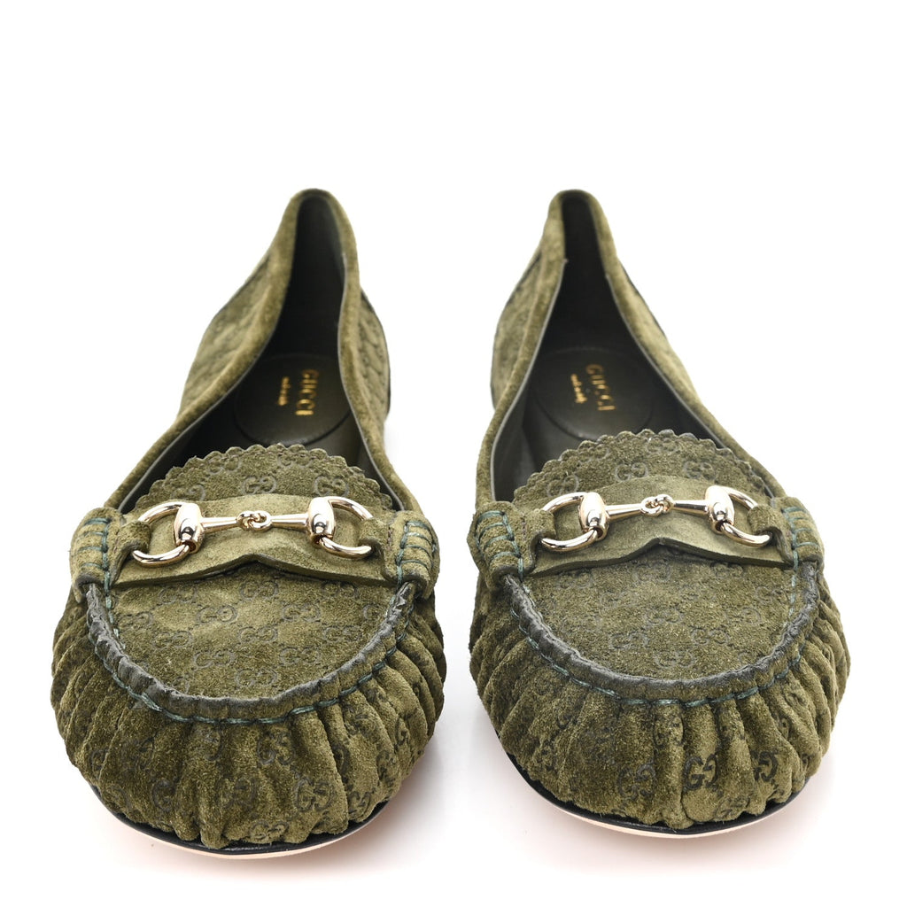 Gucci Suede Women's Micro GG Horsebit Kensington Loafers 38.5 Green