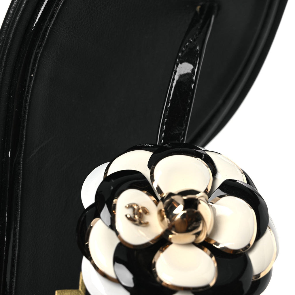 Chanel Patent Calfskin Women's Camellia Thong Sandals 37 Black White
