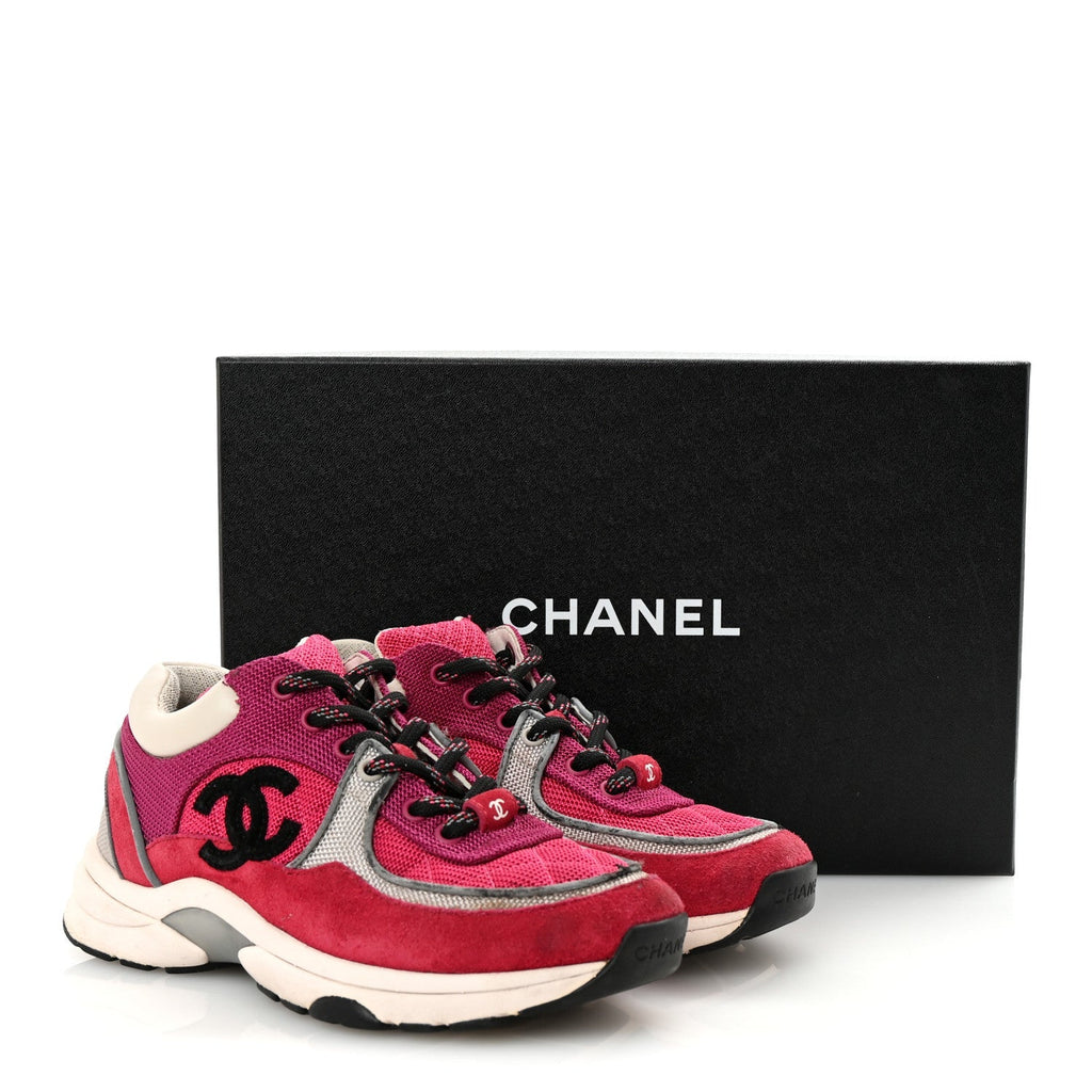 Chanel Mesh Suede Calfskin Women's CC Sneakers 35 Dark Pink Silver