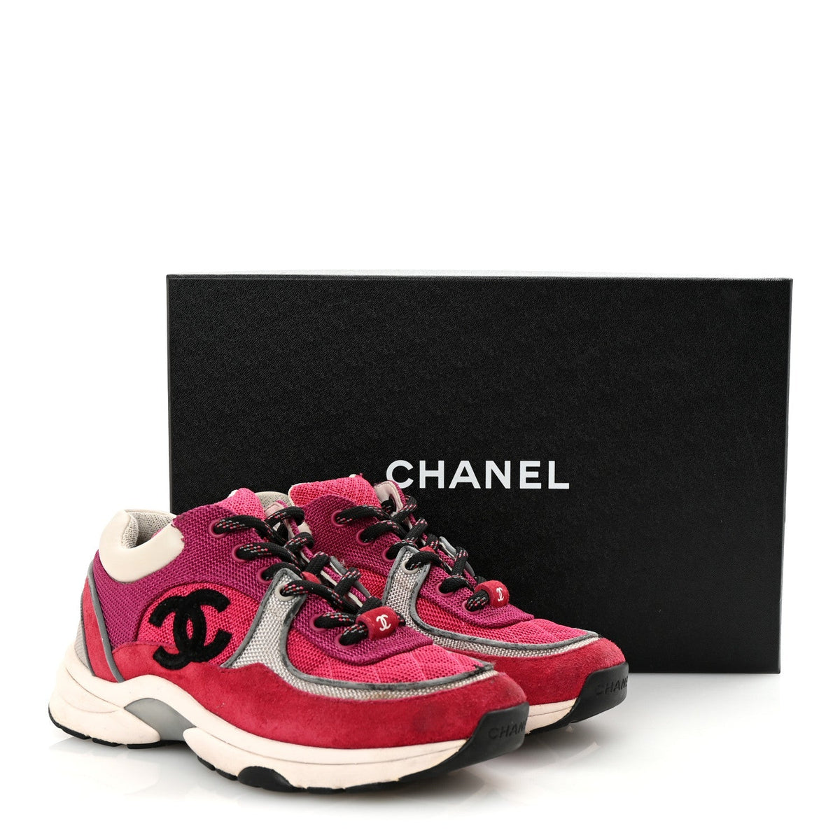 Chanel Mesh Suede Calfskin Women's CC Sneakers 35 Dark Pink Silver
