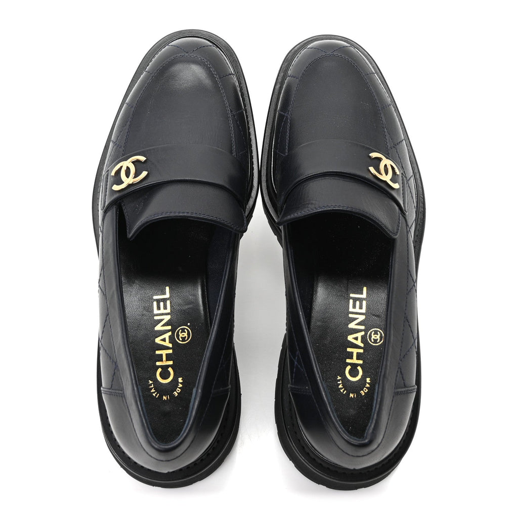 Chanel Calfskin Quilted CC Women's Mocassin Loafers Navy Blue