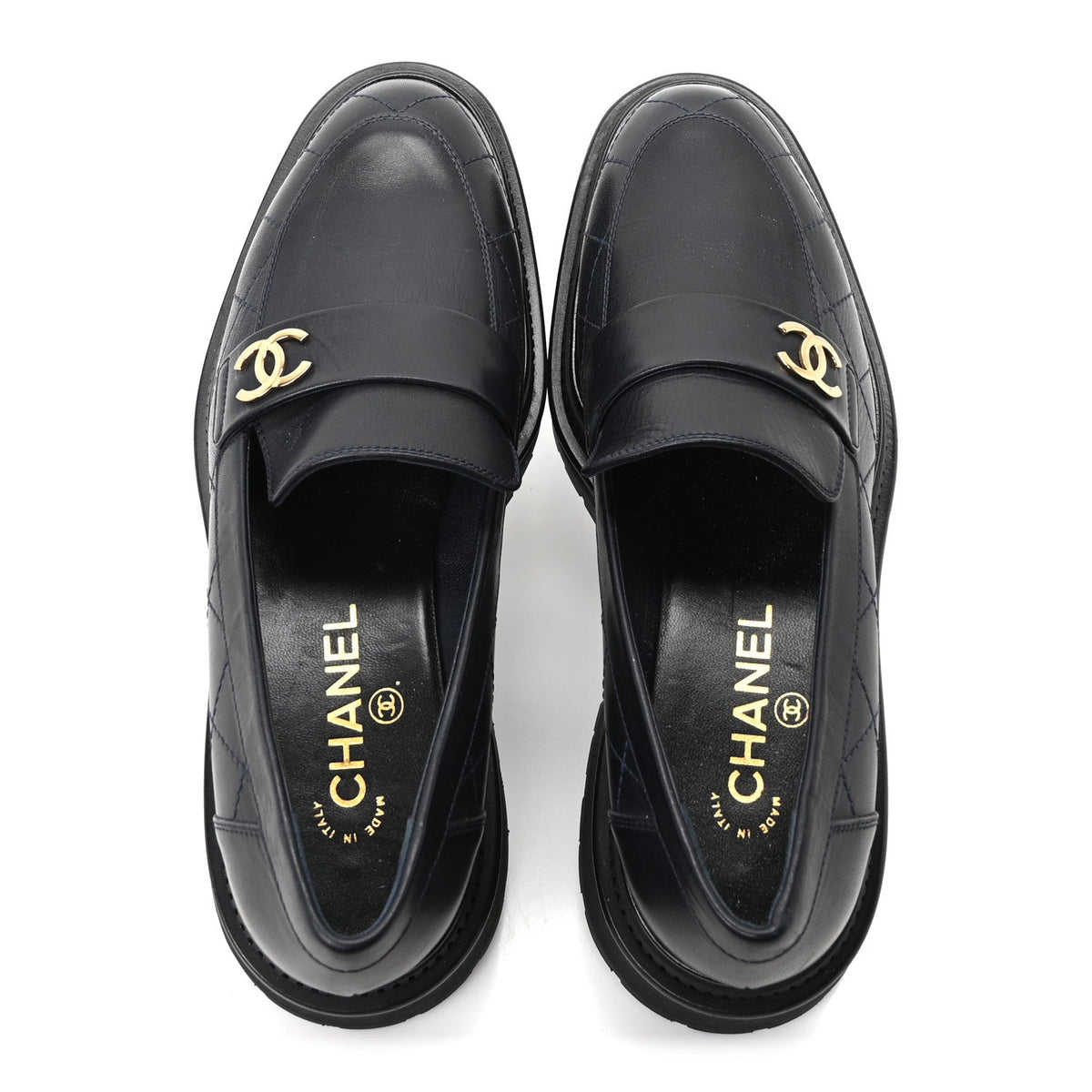 Chanel Calfskin Quilted CC Women's Mocassin Loafers Navy Blue