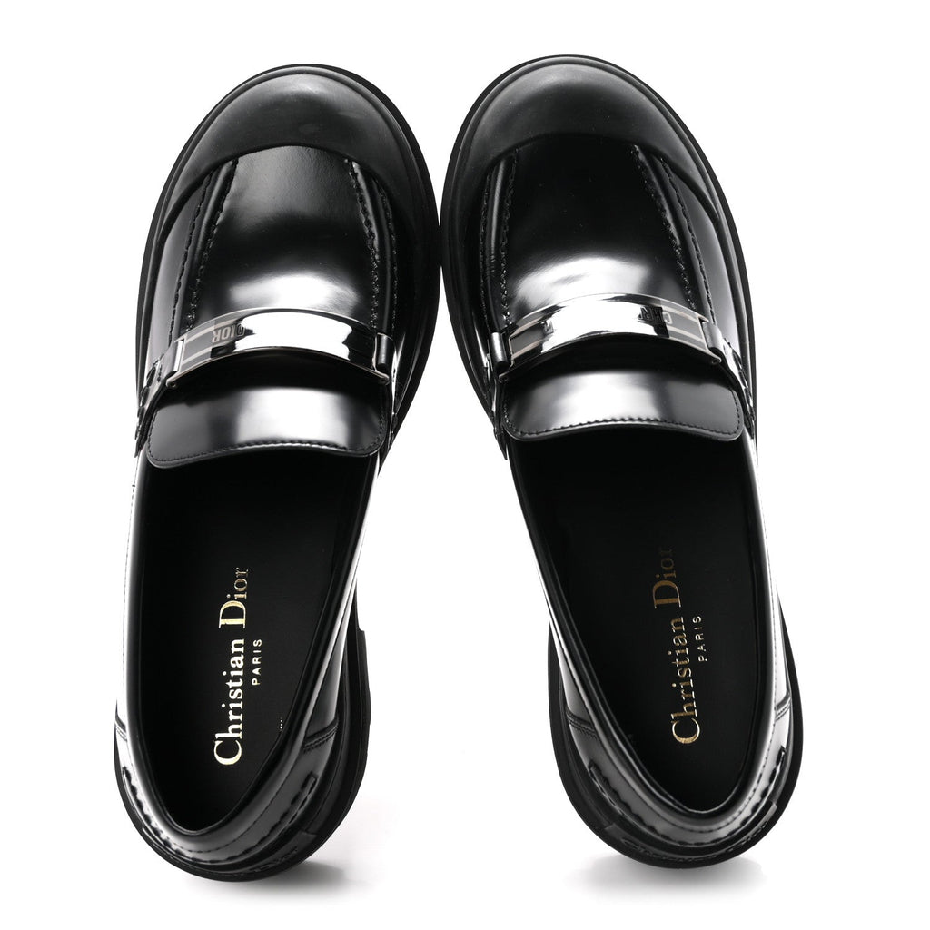 Christian Dior Brushed Calfskin Rubber Women's Dior Code Cap Toe Lug Sole Loafers 39 Black