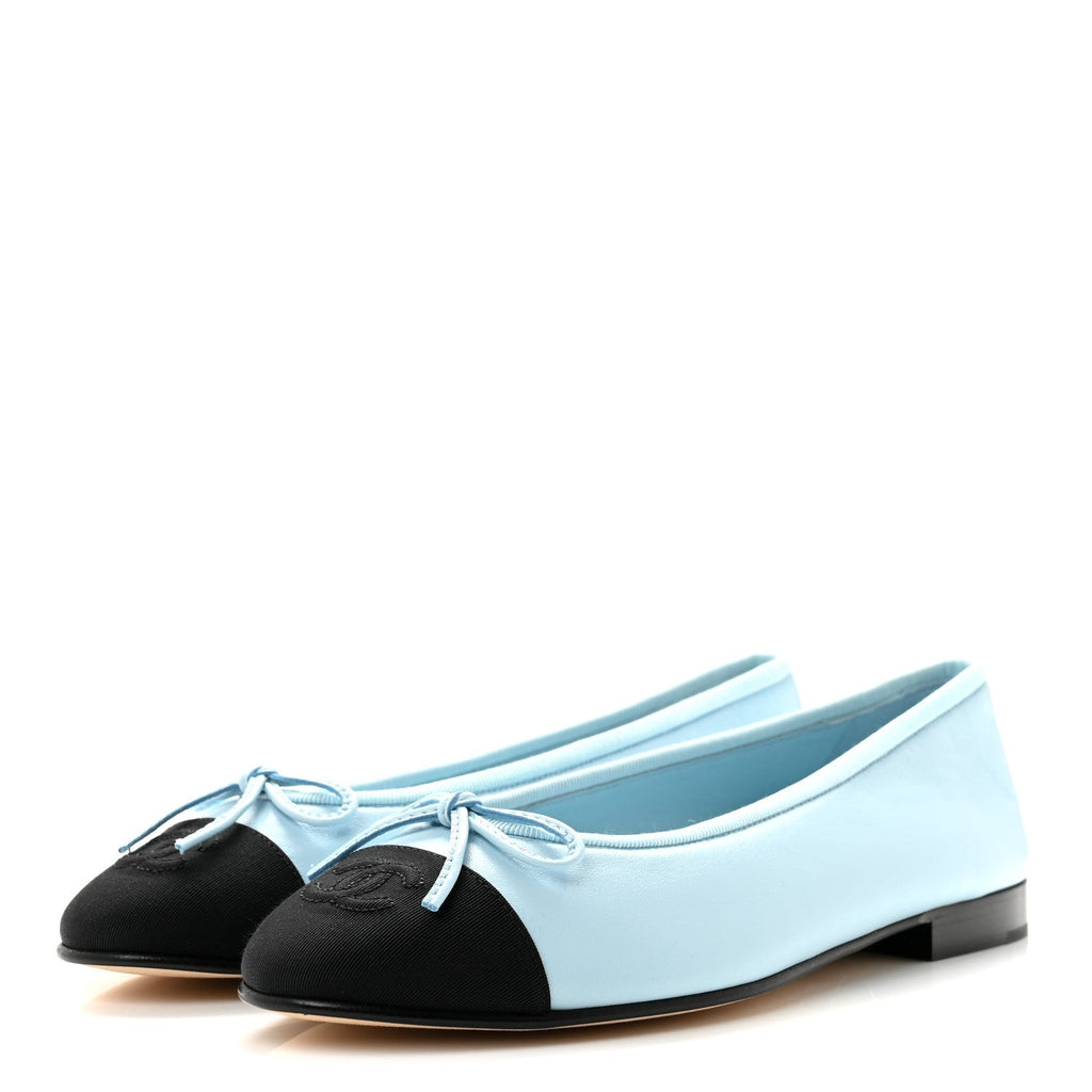 Chanel Lambskin Cap Toe CC Women's Ballerina Flats Light Blue Black