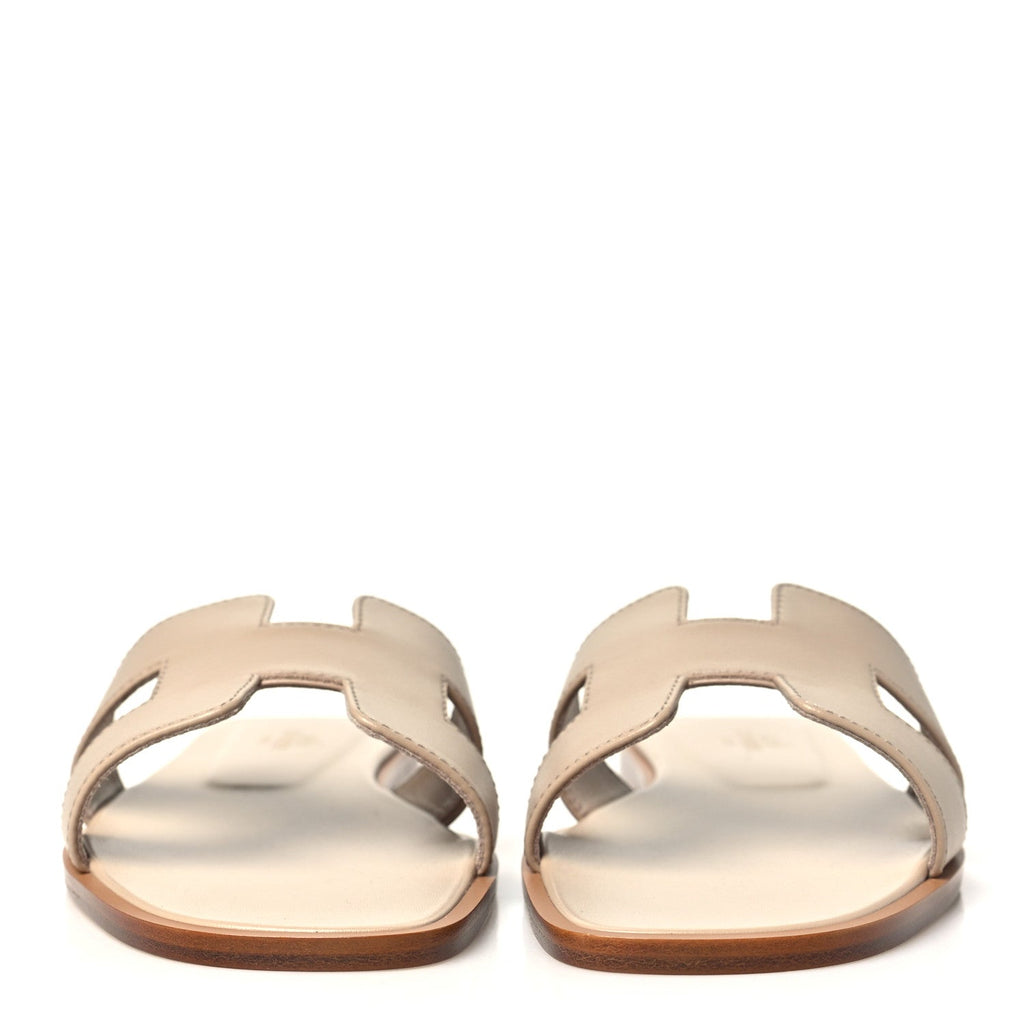 Hermes Box Calfskin Women's Oran Sandals 37.5 Beige Nude