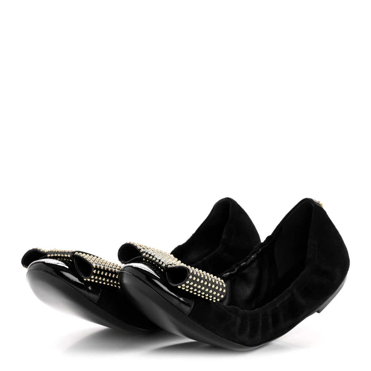 Louis Vuitton Suede Patent Women's Flirty Studded Bow Flats 39.5 Black