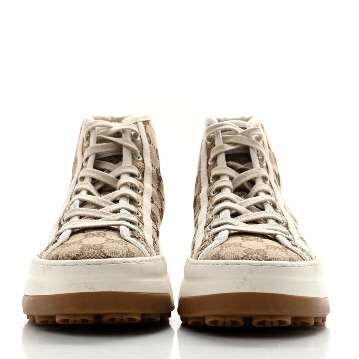 Gucci Canvas Women's GG Monogram Tennis 1977 High Top Platform Sneakers 38.5 Beige Ebony