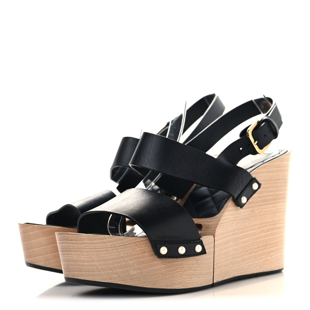 Chanel Wood Calfskin Women's CC Hinge Wedge Sandals 41 Black