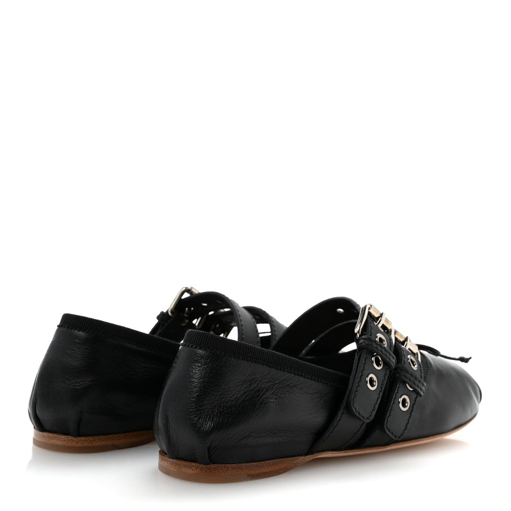 Miu Miu Nappa Vitello Nevada Women's Double Buckle Ballerina Flats 36 Black