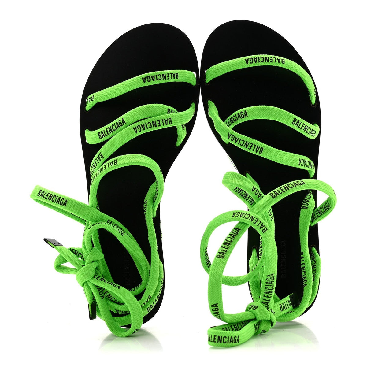 Balenciaga Nylon Calfskin Women's Logo Lace Flat Sandals 37 Neon Green