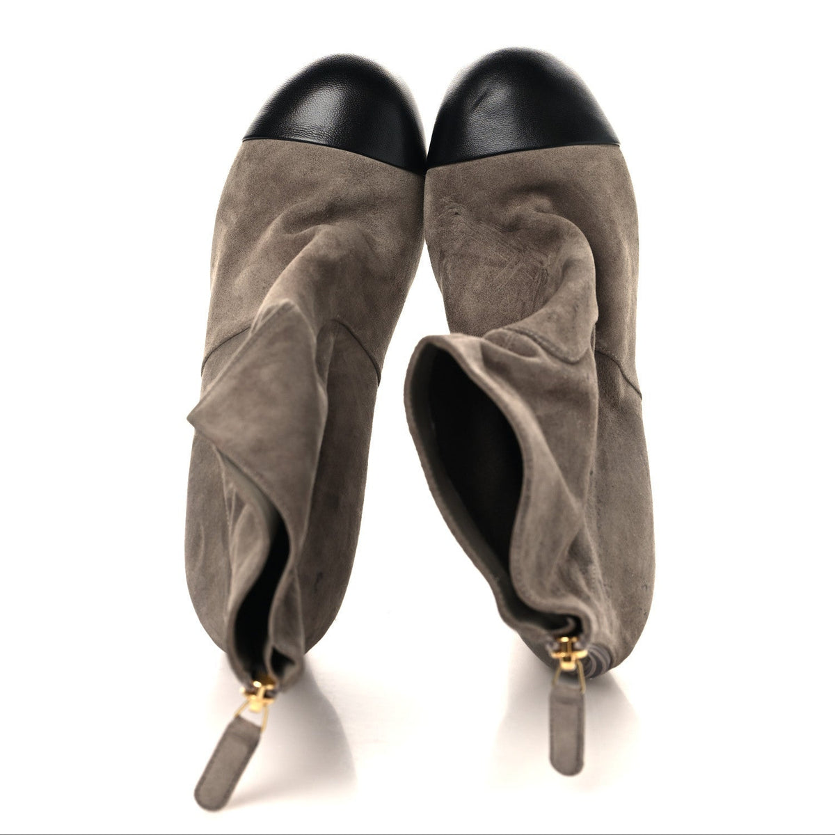 Chanel Suede Lambskin Women's Cap Toe CC Boots 39 Beige Black