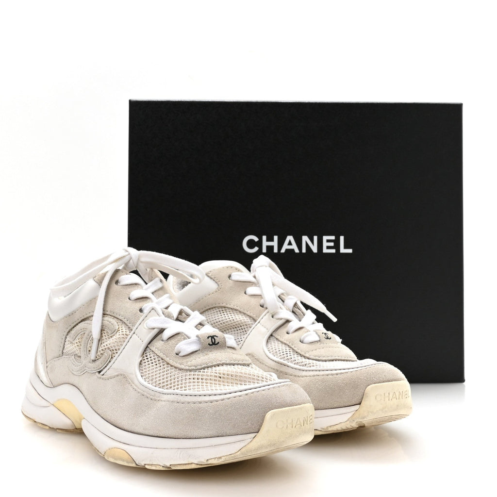 Chanel Suede Calfskin Women's CC Sneakers 37.5 White