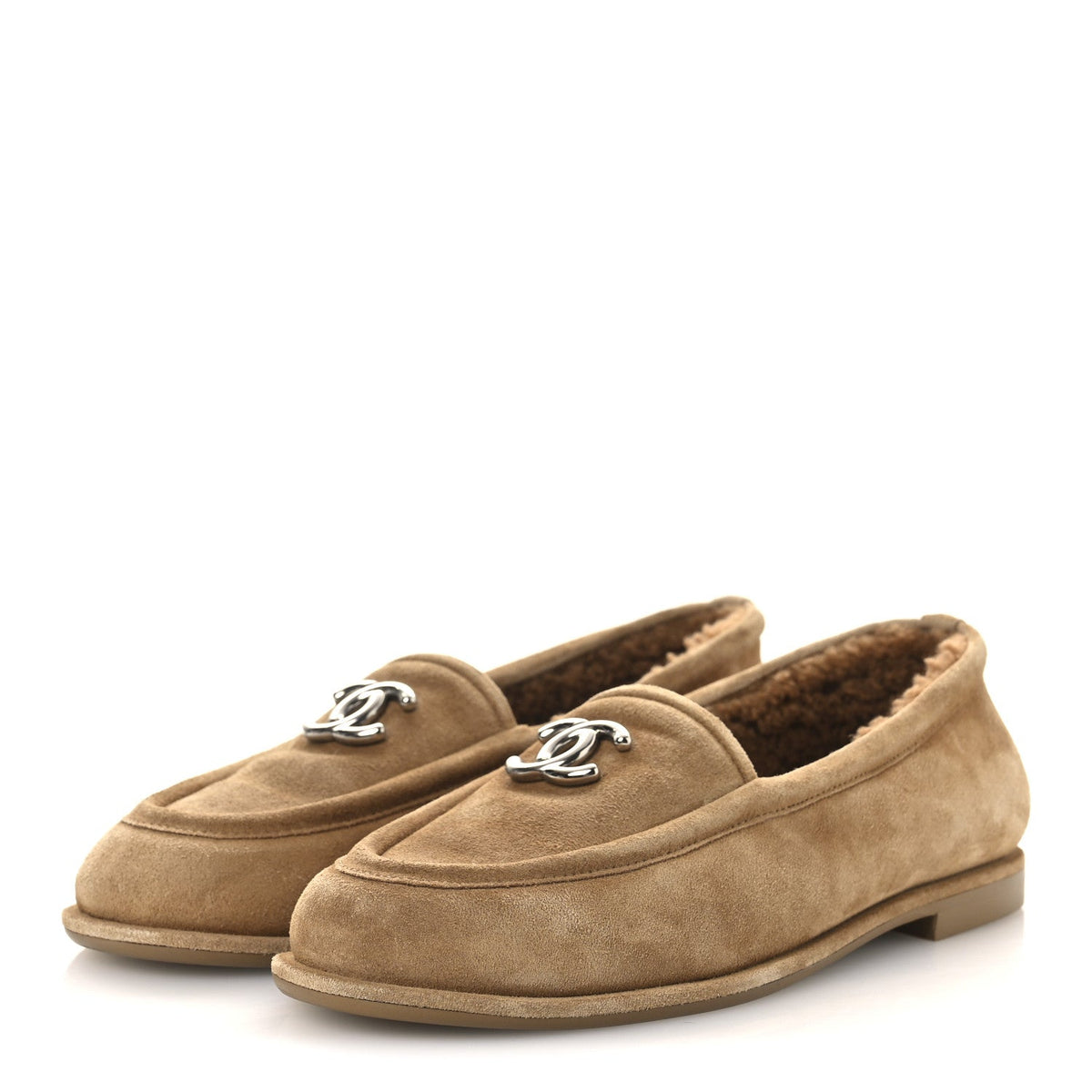 Chanel Suede Calfskin Women's CC Loafers 36.5 Dark Beige