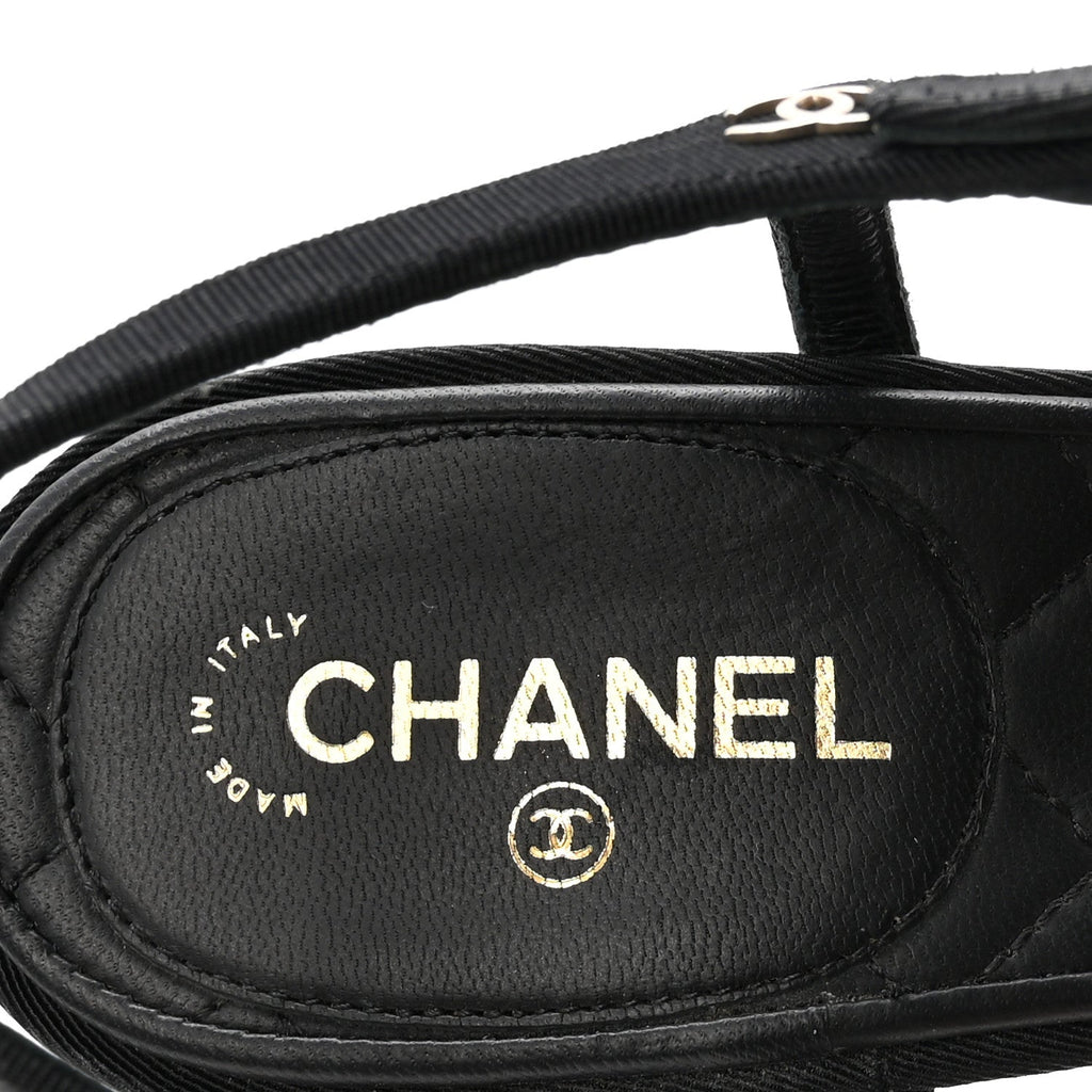 Chanel Grosgrain Pearl Chain Women's CC Sandals 38.5 Black