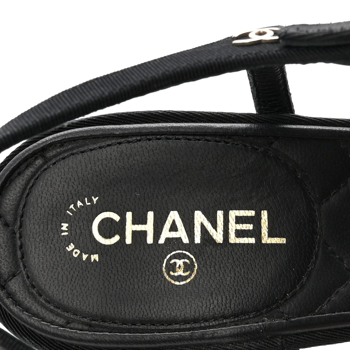 Chanel Grosgrain Pearl Chain Women's CC Sandals 38.5 Black