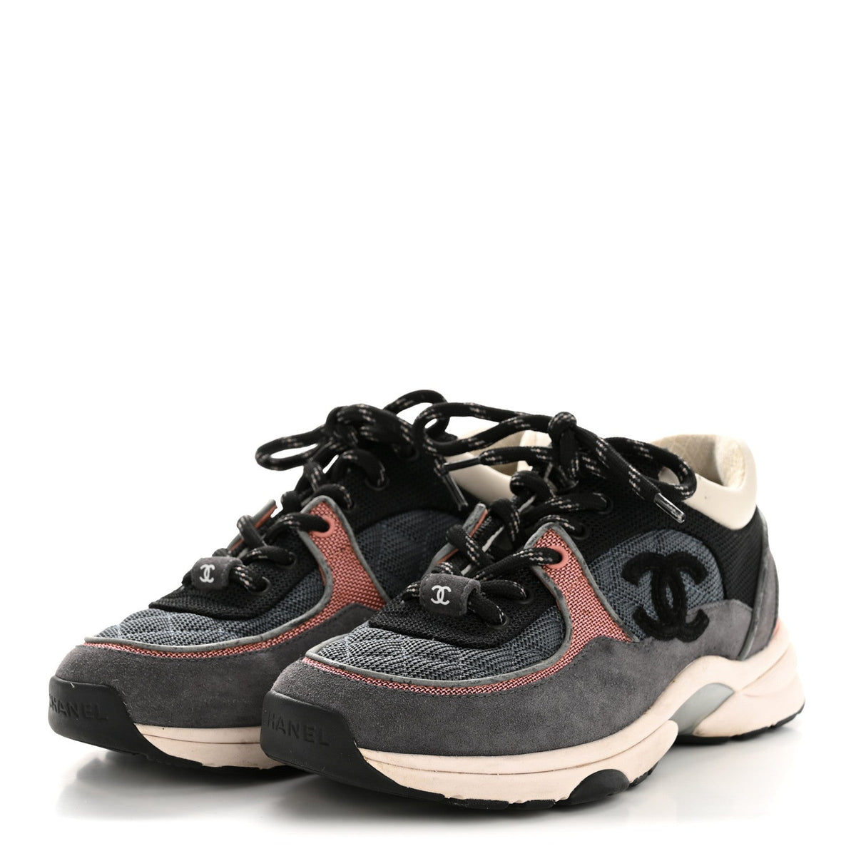 Chanel Fabric Calfskin Suede Women's CC Sneakers 36.5 Grey Pink