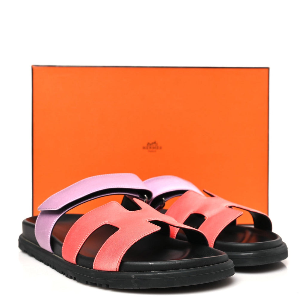 Hermes Satin Crepe Women's Chypre Sandals 37.5 Rose Peche Violet Petale