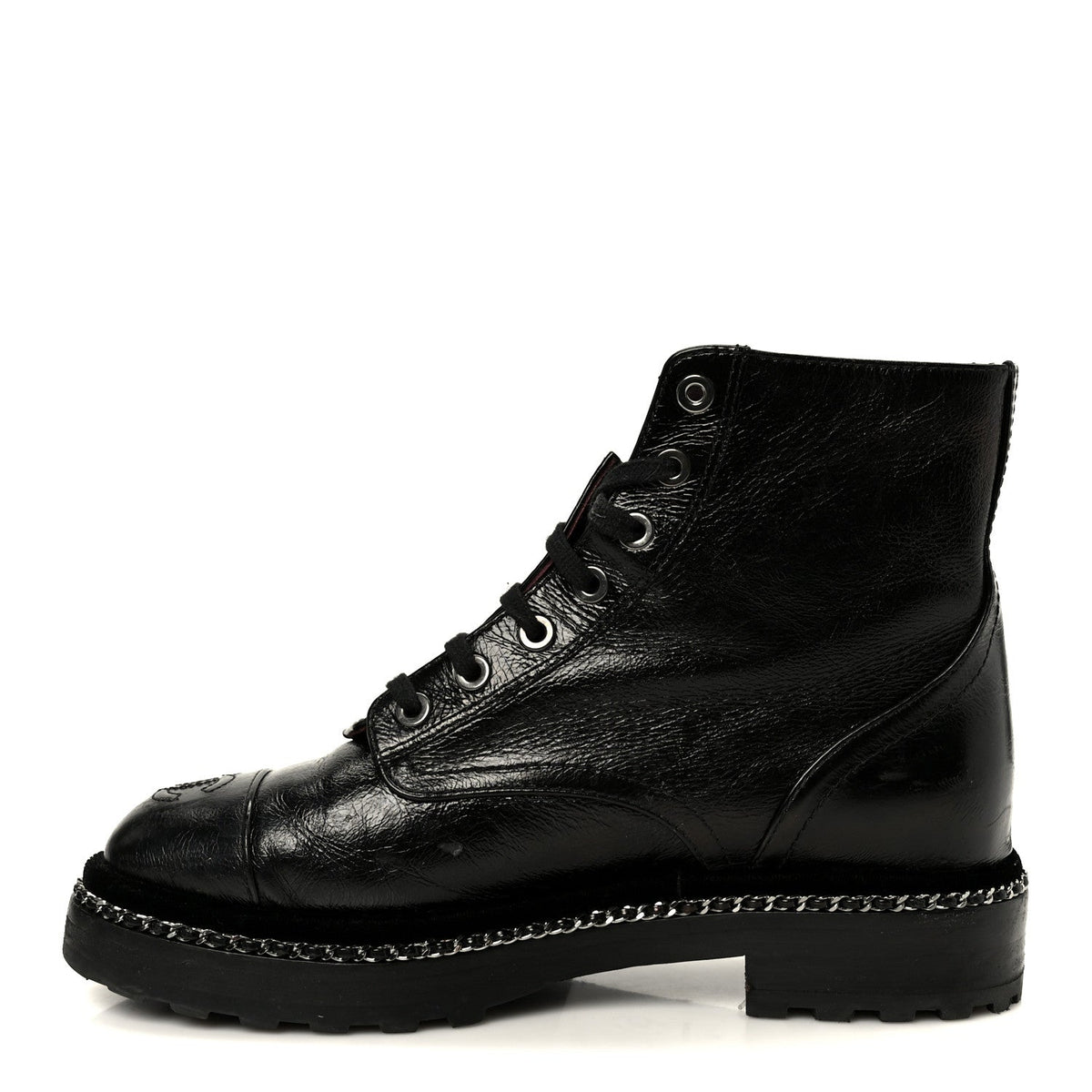 Chanel Crackled Calfskin Velvet Pearl Women's Combat Short Boots 36 Black