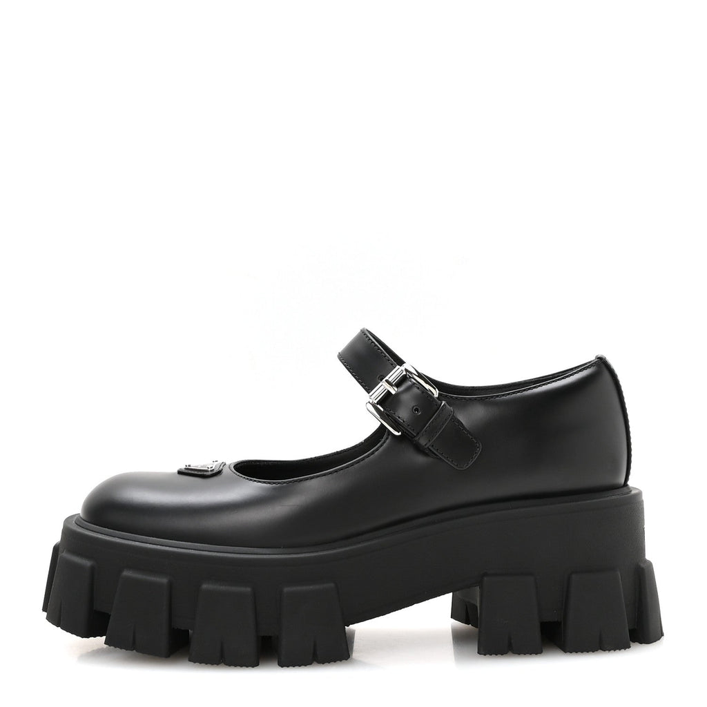Prada Spazzolato Calfskin Women's Monolith Mary Janes 35.5 Black