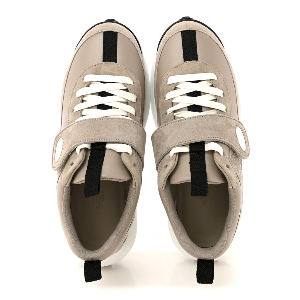 Hermes Calfskin Suede Goatskin Women's Loop Sneakers 37 Beige Galet