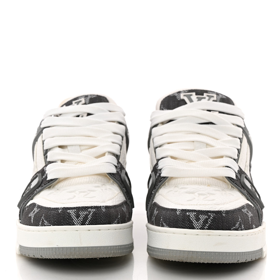 Louis Vuitton Calfskin Embossed Monogram Denim Men's LV Trainer Sneakers 5.5 Grey