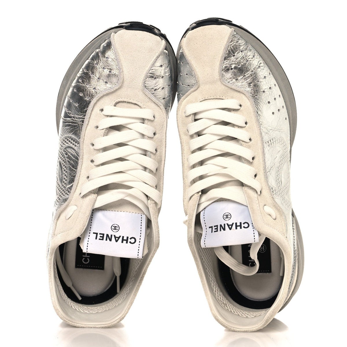 Chanel Laminated Calfskin Suede Women's CC Sneakers 39.5 Silver Light Grey