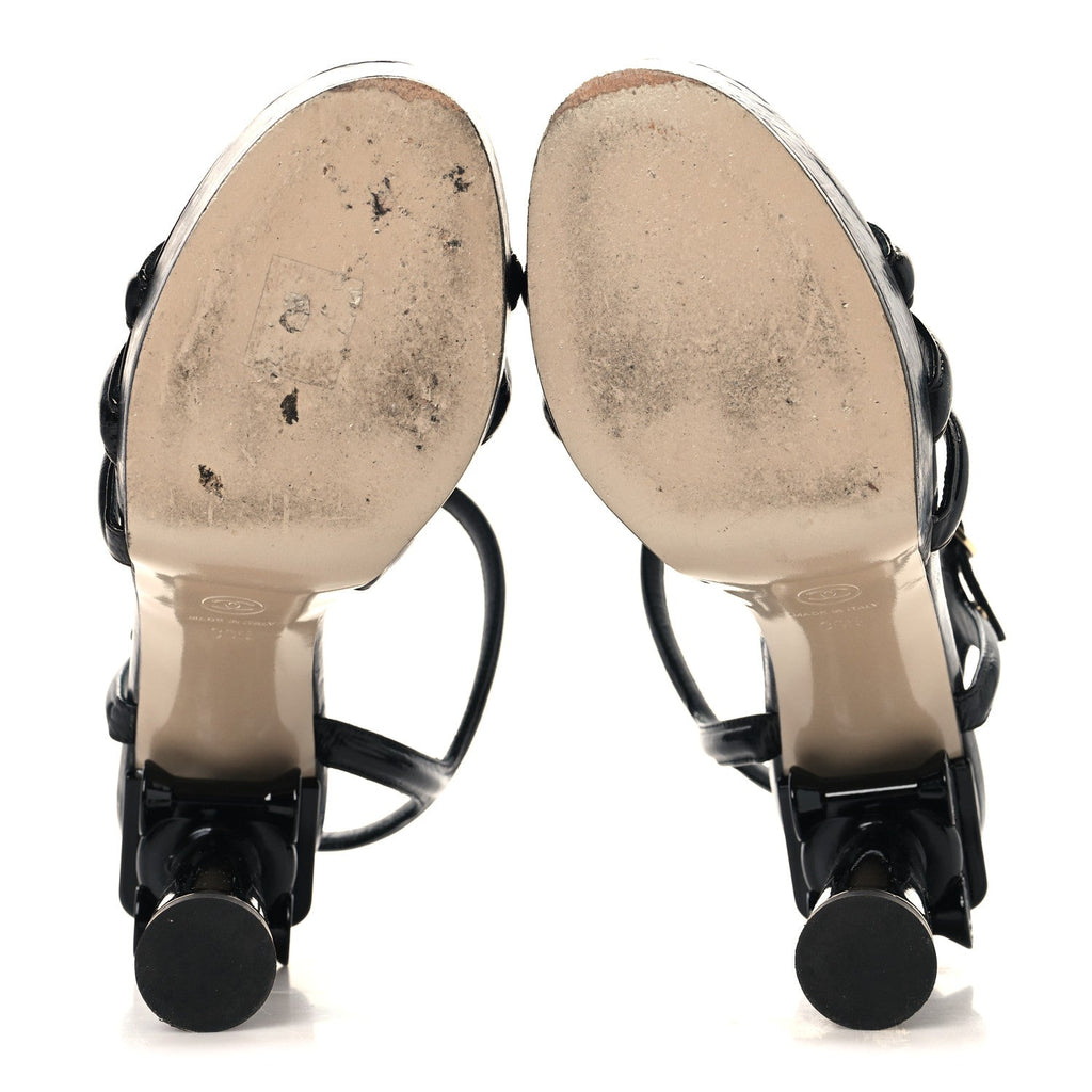 Chanel Patent Crumpled Calfskin Women's Parthenon Platform Sandals 39.5 Black