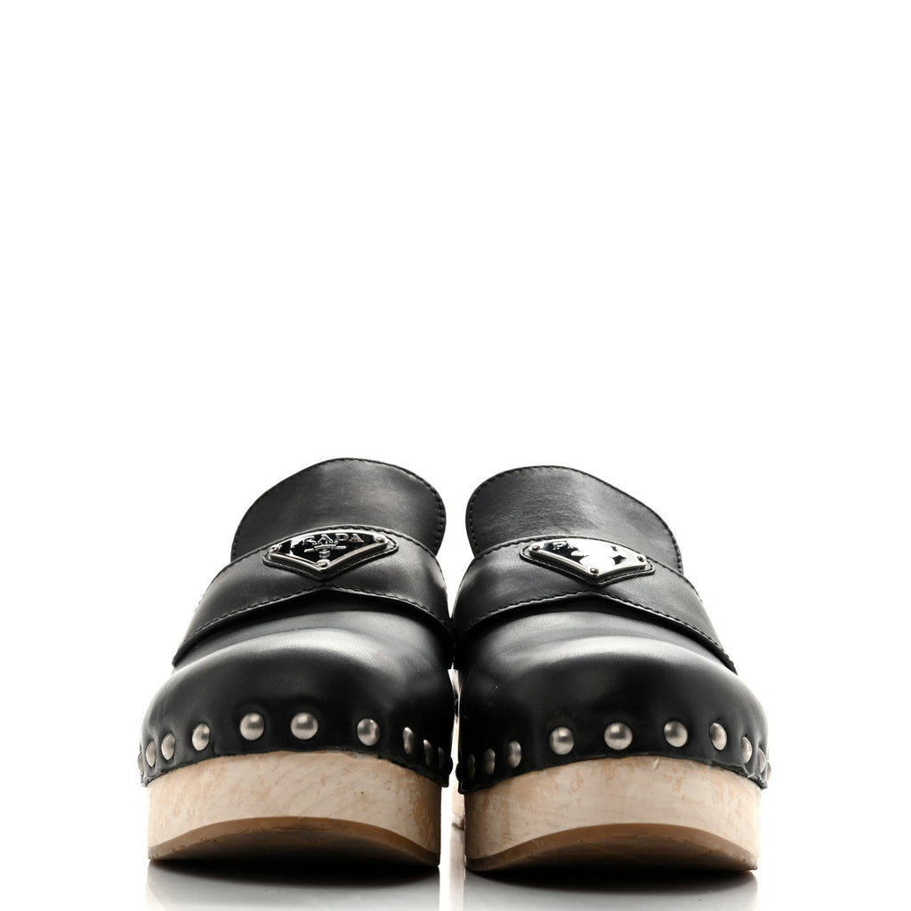 Prada Calfskin Women's Metal Triangle Logo 45mm Clogs 40 Black