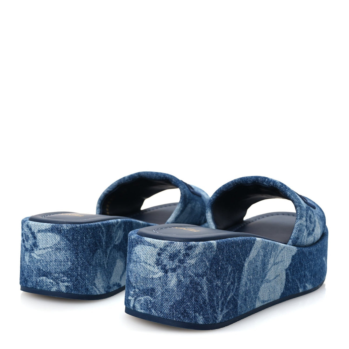 Fendi Denim Women's Sea Garden Logo Sunshine Flatform Slide Sandals 37 Blue