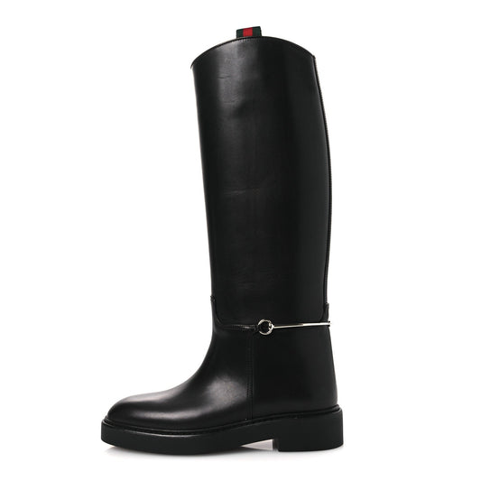 Gucci Shiny Calfskin Women's Michelangelo Slim Horsebit Riding Boots 38 Black