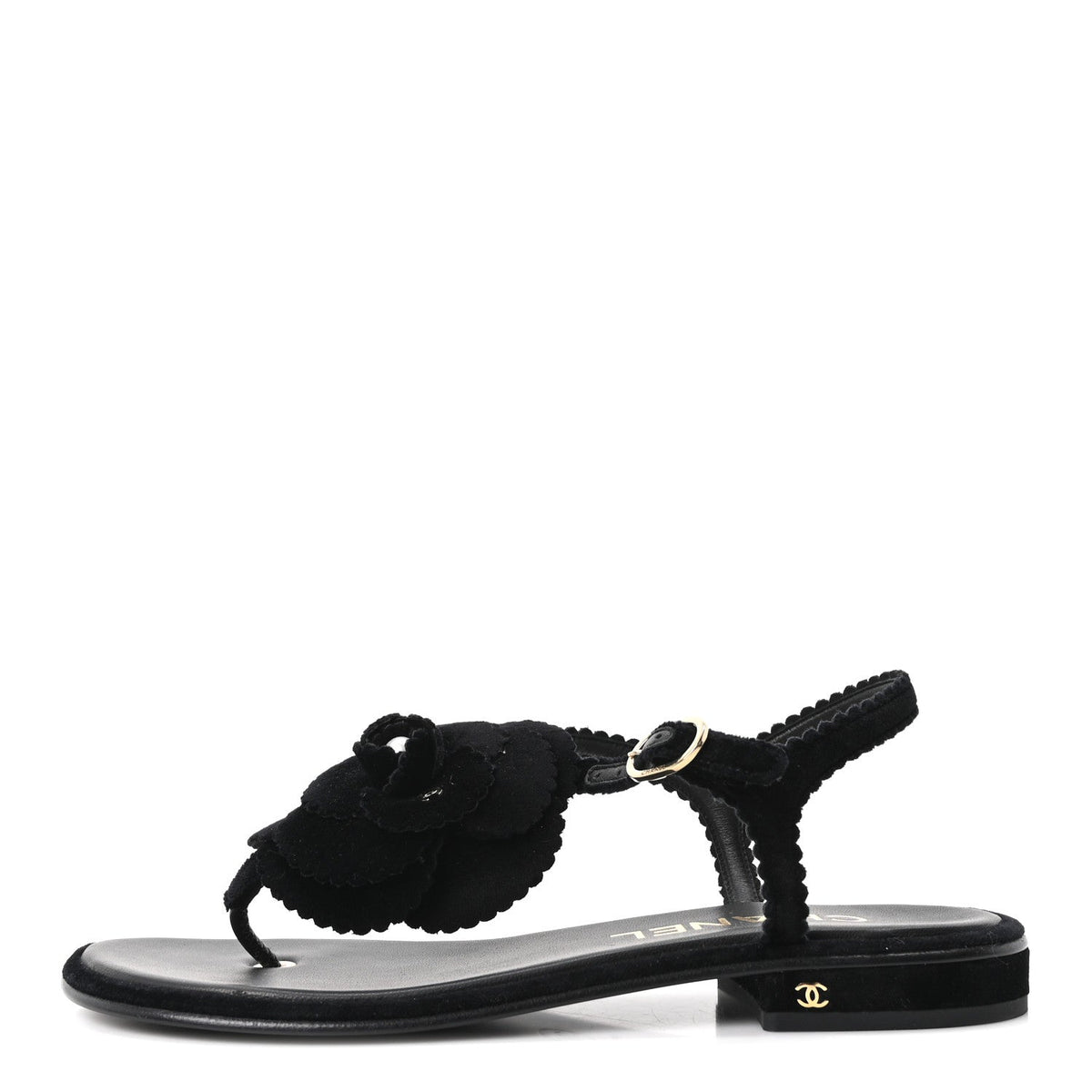 Chanel Velvet Pearl Camellia Women's Thong Sandals 37.5 Black